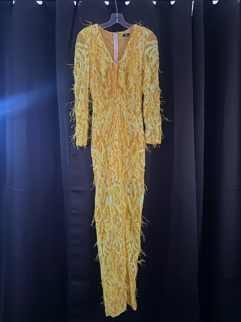 Yellow Beaded Fringe Long Sleeve Evening Dress
